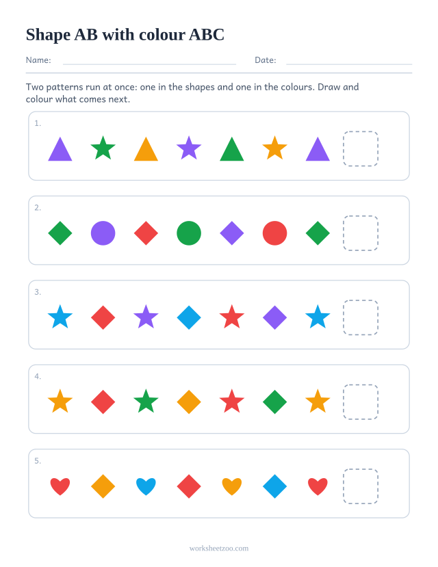 Two-attribute pattern worksheet, the shapes follow a AB unit while the colours follow a ABC unit