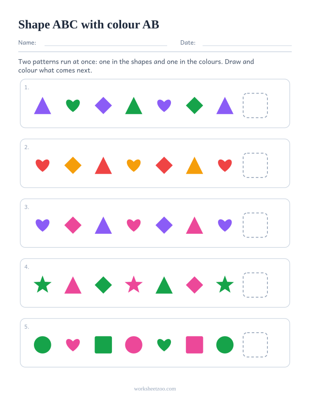 Two-attribute pattern worksheet, the shapes follow a ABC unit while the colours follow a AB unit