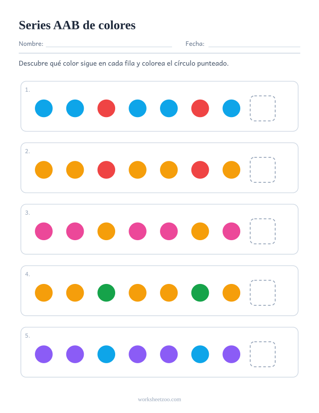 Ficha de series AAB de colores, cinco filas para descubrir qué sigue en un núcleo de 3