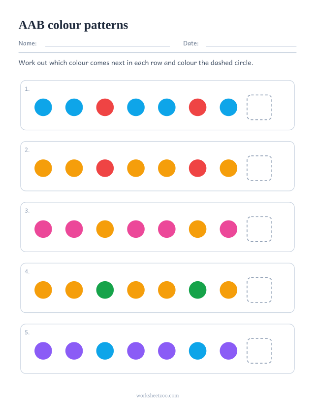 AAB colour pattern worksheet, five rows asking what comes next in a repeating unit of 3