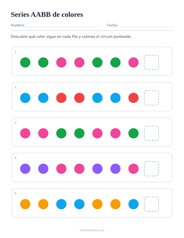 Ficha de series AABB de colores, cinco filas para descubrir qué sigue en un núcleo de 4