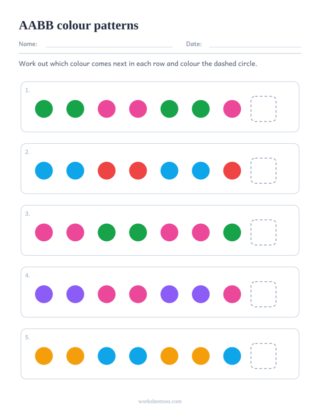 AABB colour pattern worksheet, five rows asking what comes next in a repeating unit of 4