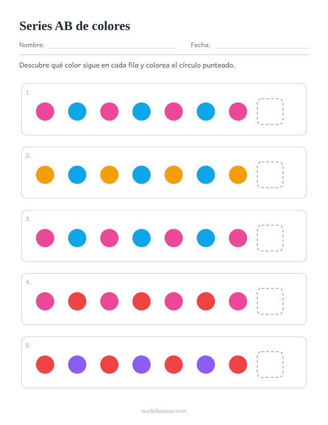Ficha de series AB de colores, cinco filas para descubrir qué sigue en un núcleo de 2