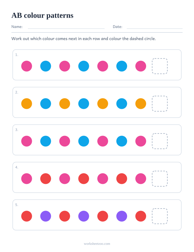 AB colour pattern worksheet, five rows asking what comes next in a repeating unit of 2