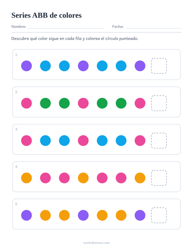 Ficha de series ABB de colores, cinco filas para descubrir qué sigue en un núcleo de 3