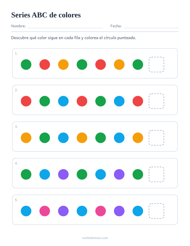 Ficha de series ABC de colores, cinco filas para descubrir qué sigue en un núcleo de 3