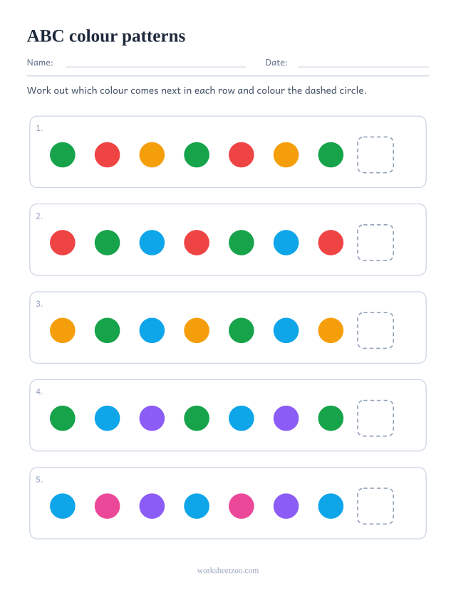 ABC colour pattern worksheet, five rows asking what comes next in a repeating unit of 3