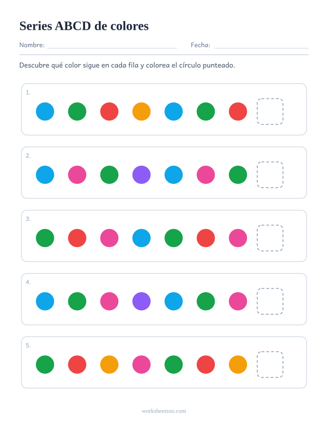 Ficha de series ABCD de colores, cinco filas para descubrir qué sigue en un núcleo de 4