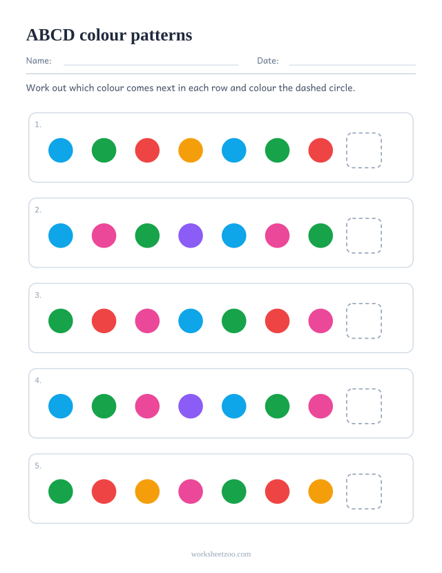 ABCD colour pattern worksheet, five rows asking what comes next in a repeating unit of 4