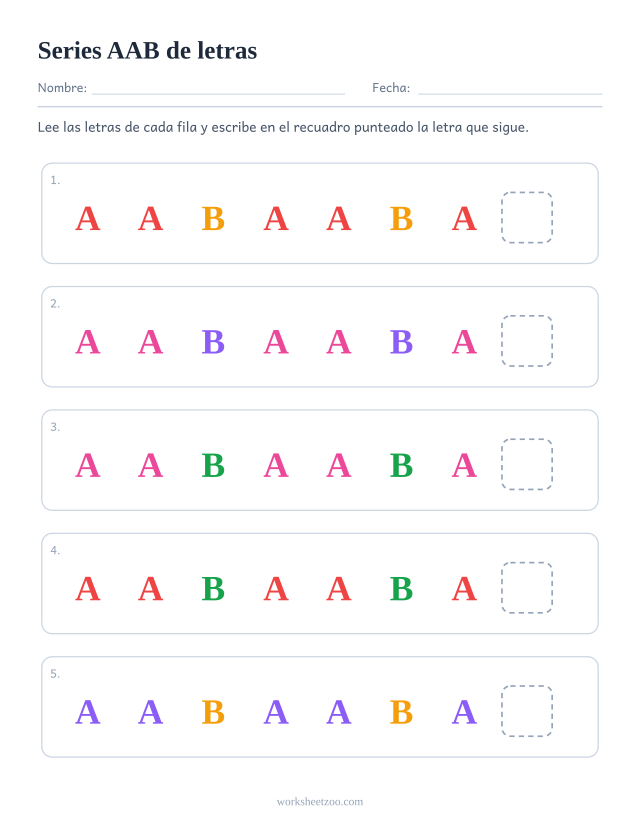 Ficha de series AAB de letras, cinco filas para descubrir qué sigue en un núcleo de 3