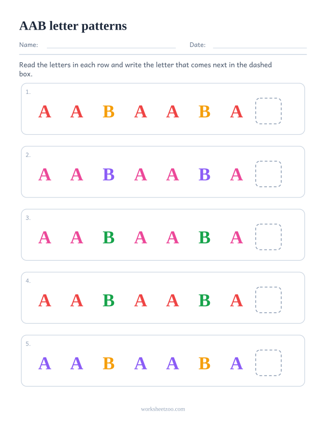 AAB letter pattern worksheet, five rows asking what comes next in a repeating unit of 3