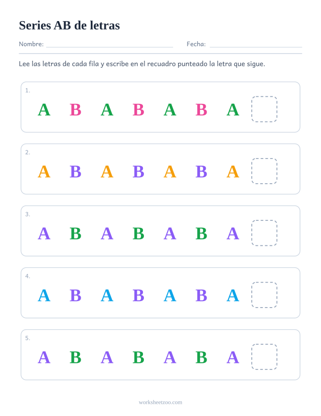 Ficha de series AB de letras, cinco filas para descubrir qué sigue en un núcleo de 2