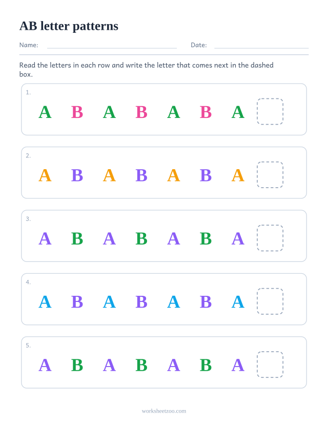 AB letter pattern worksheet, five rows asking what comes next in a repeating unit of 2