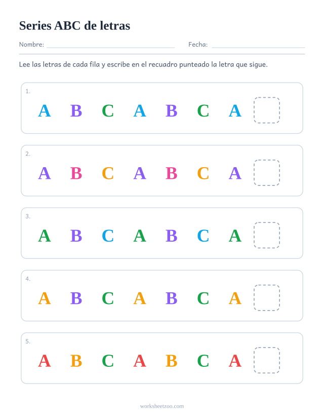 Ficha de series ABC de letras, cinco filas para descubrir qué sigue en un núcleo de 3