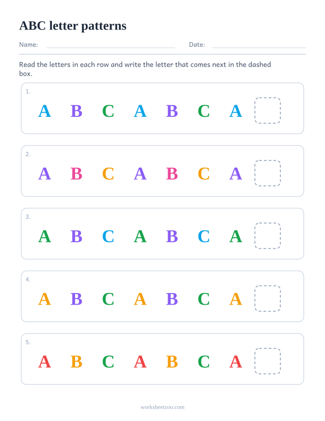 ABC letter pattern worksheet, five rows asking what comes next in a repeating unit of 3