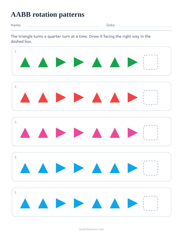 AABB rotation pattern worksheet, five rows asking what comes next in a repeating unit of 4