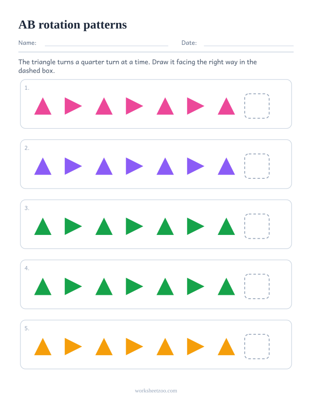 AB rotation pattern worksheet, five rows asking what comes next in a repeating unit of 2