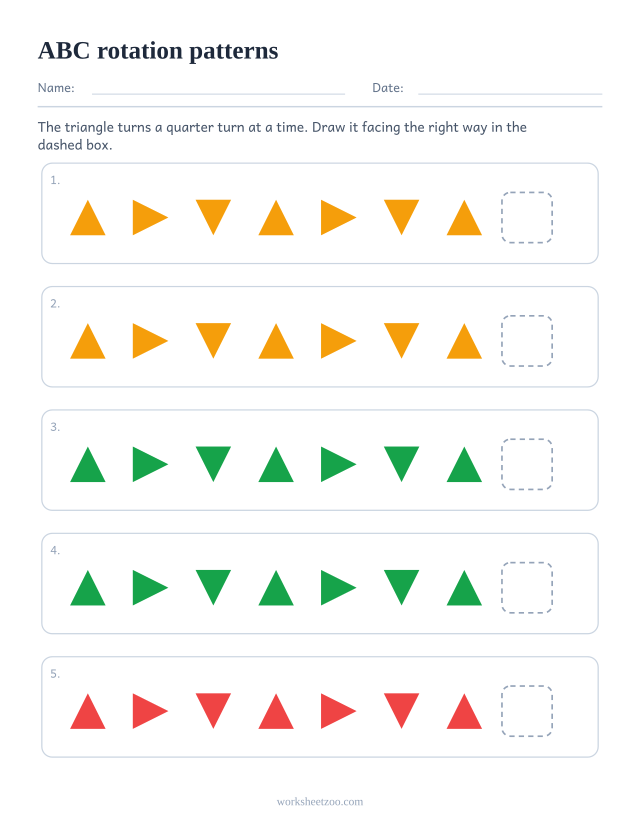 ABC rotation pattern worksheet, five rows asking what comes next in a repeating unit of 3