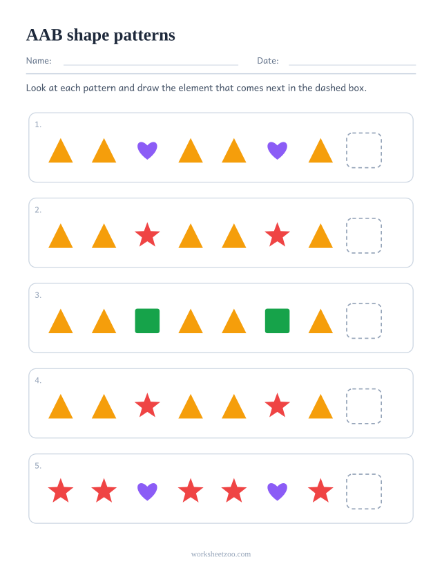 AAB shape pattern worksheet, five rows asking what comes next in a repeating unit of 3