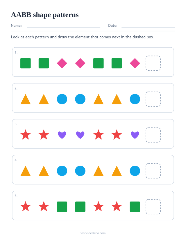 AABB shape pattern worksheet, five rows asking what comes next in a repeating unit of 4