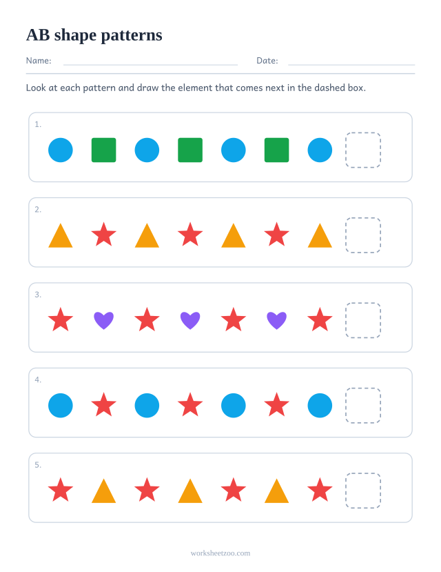 AB shape pattern worksheet, five rows asking what comes next in a repeating unit of 2