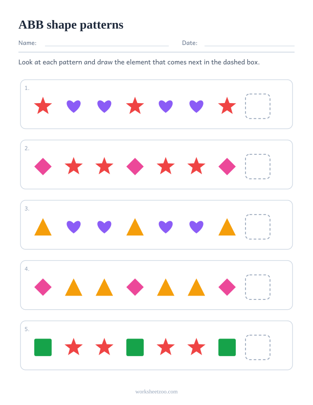 ABB shape pattern worksheet, five rows asking what comes next in a repeating unit of 3