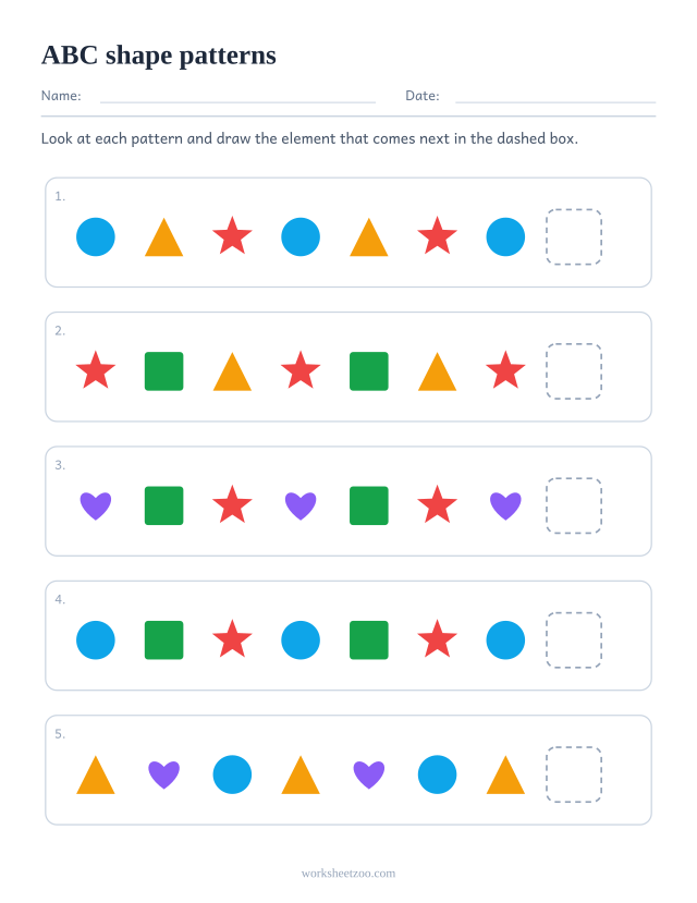 ABC shape pattern worksheet, five rows asking what comes next in a repeating unit of 3