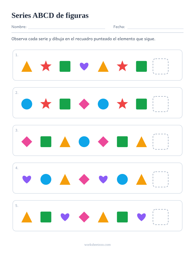 Ficha de series ABCD de figuras, cinco filas para descubrir qué sigue en un núcleo de 4