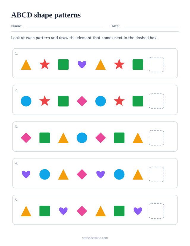 ABCD shape pattern worksheet, five rows asking what comes next in a repeating unit of 4