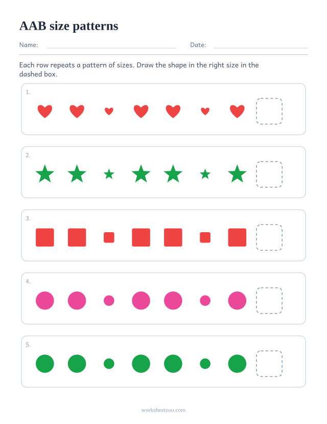 AAB size pattern worksheet, five rows asking what comes next in a repeating unit of 3