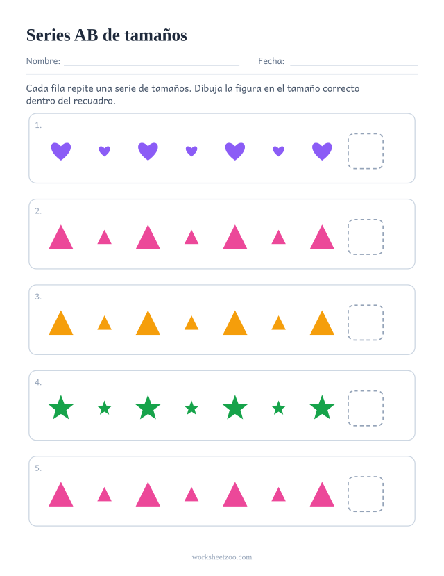 Ficha de series AB de tamaños, cinco filas para descubrir qué sigue en un núcleo de 2
