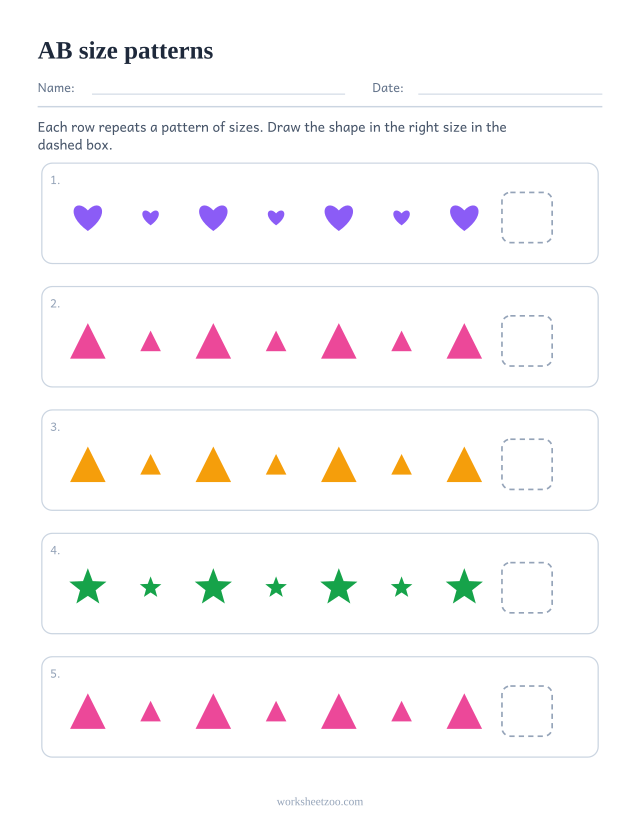 AB size pattern worksheet, five rows asking what comes next in a repeating unit of 2