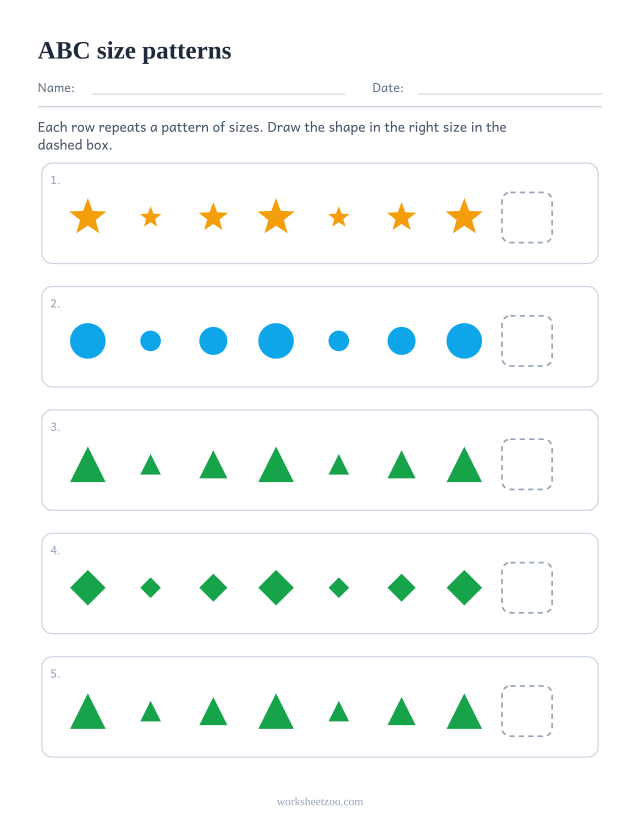 ABC size pattern worksheet, five rows asking what comes next in a repeating unit of 3