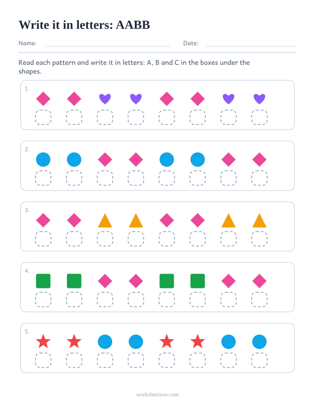 Pattern labelling worksheet, AABB shape rows with a small box under each shape for its letter