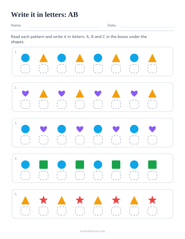 Pattern labelling worksheet, AB shape rows with a small box under each shape for its letter