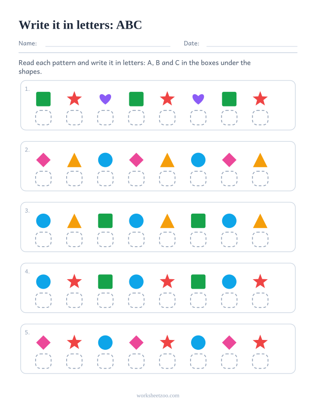 Pattern labelling worksheet, ABC shape rows with a small box under each shape for its letter