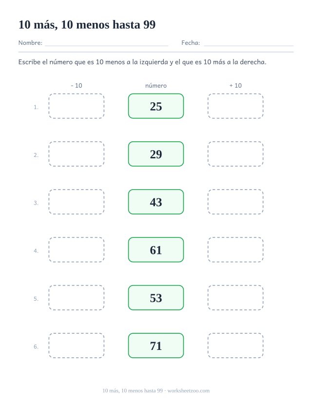 Ficha de diez más y diez menos con números de dos cifras