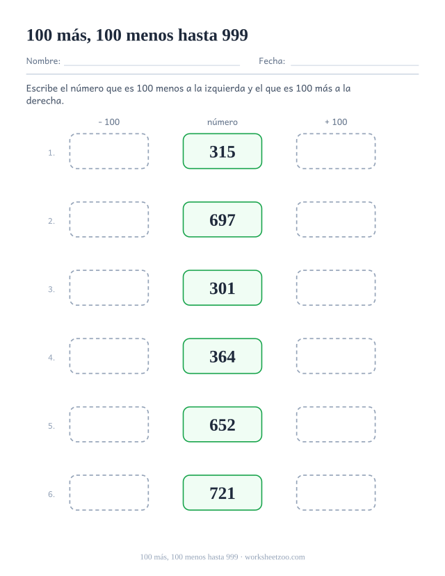 Ficha de cien más y cien menos dentro del 999
