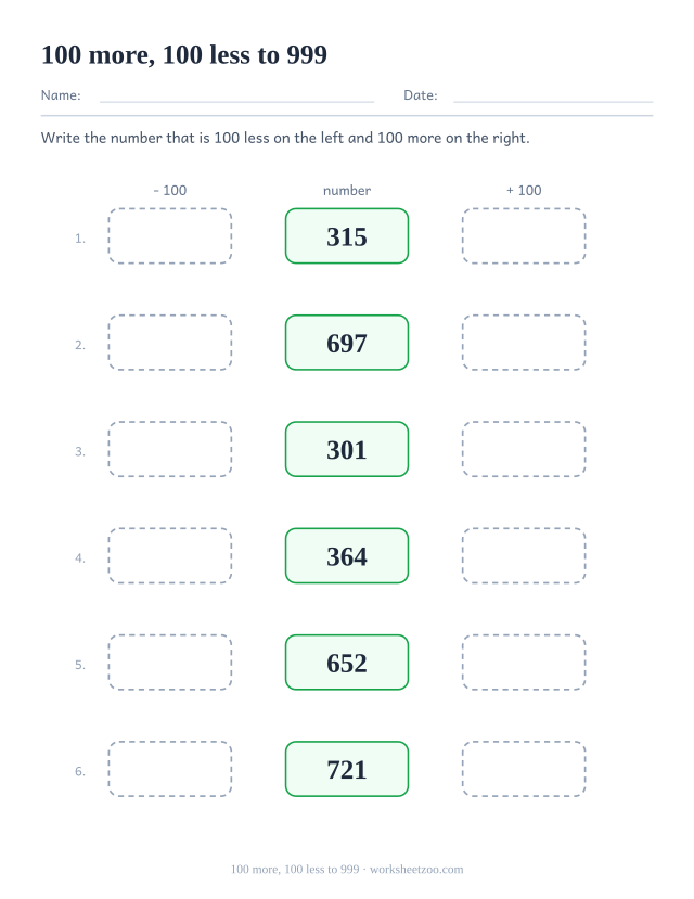 Hundred more hundred less place value worksheet within 999
