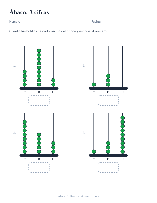 Ficha de ábaco vertical para leer las bolitas de tres varillas