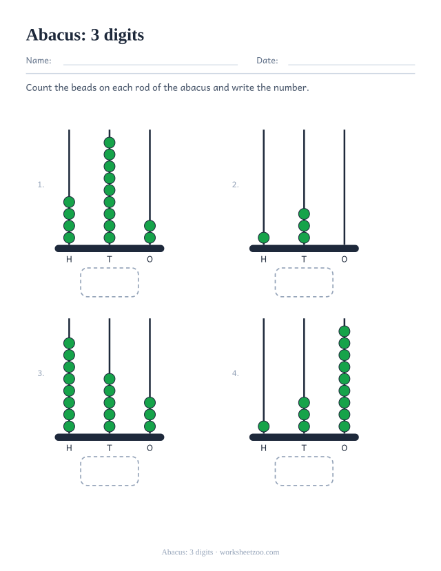 Spike abacus place value worksheet reading beads on three rods