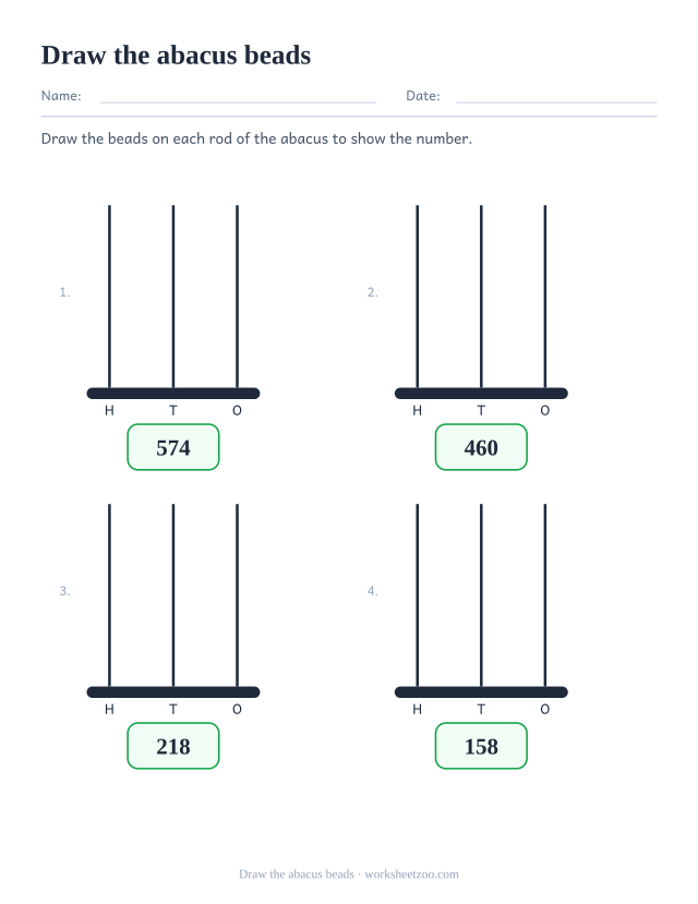 Worksheet drawing the beads on an empty abacus to show a number