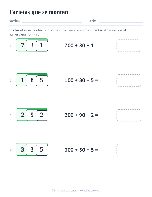 Ficha de tarjetas superpuestas que montan 300, 50 y 2 en 352