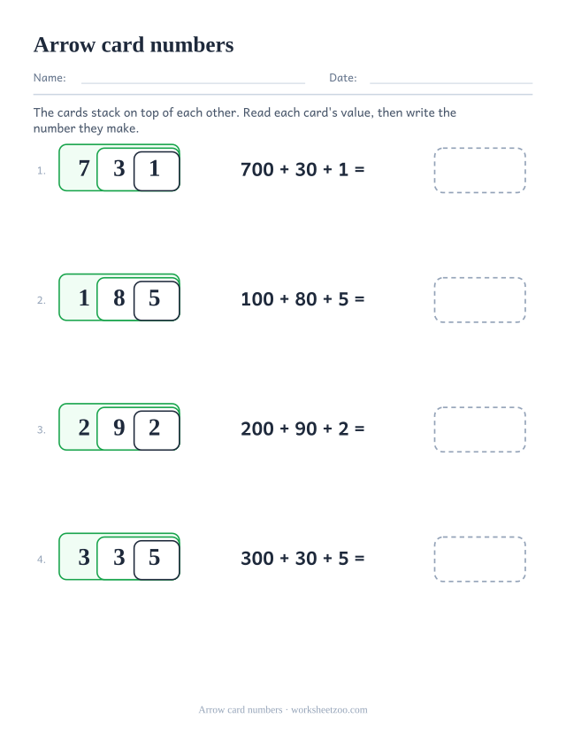 Arrow cards place value worksheet stacking 300, 50 and 2 into 352