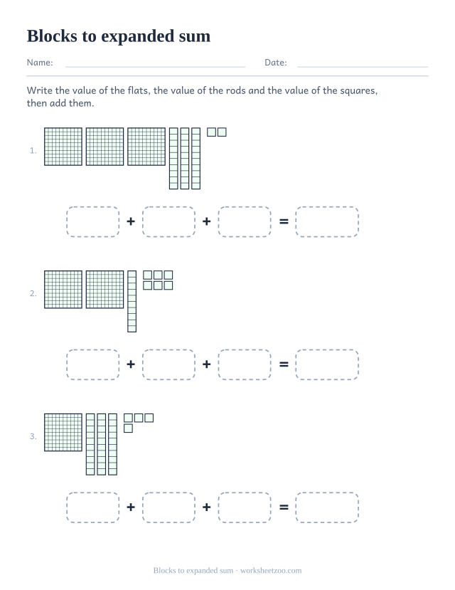 Base ten blocks worksheet writing each block value as an expanded sum