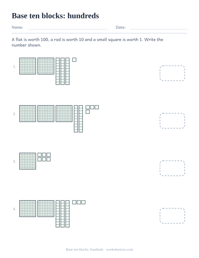 Place value worksheet with hundred flats, ten rods and unit squares