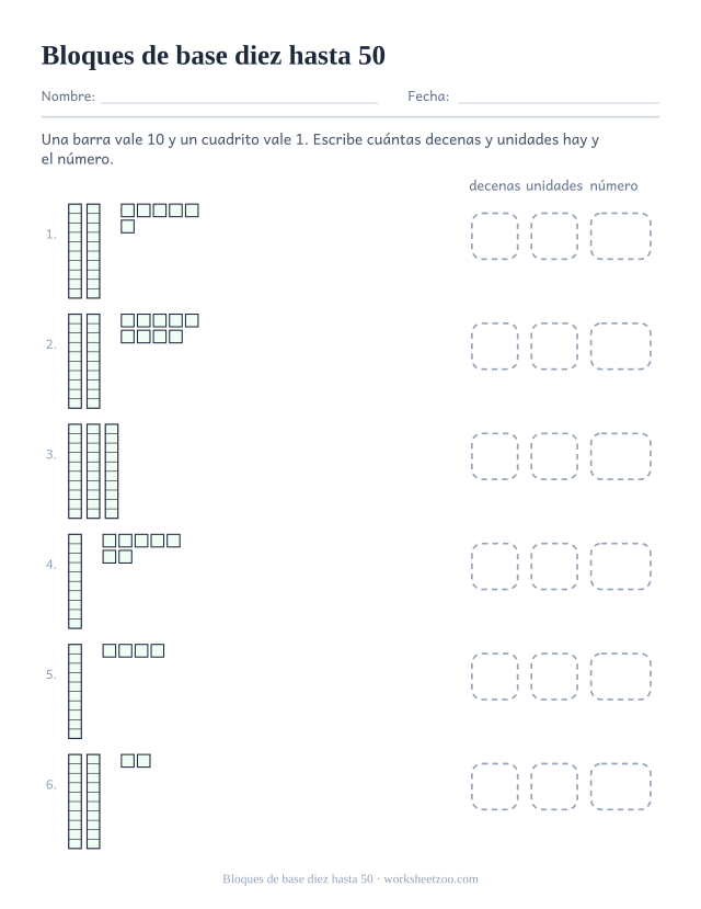 Ficha de valor posicional con barras y cuadritos de base diez hasta 50