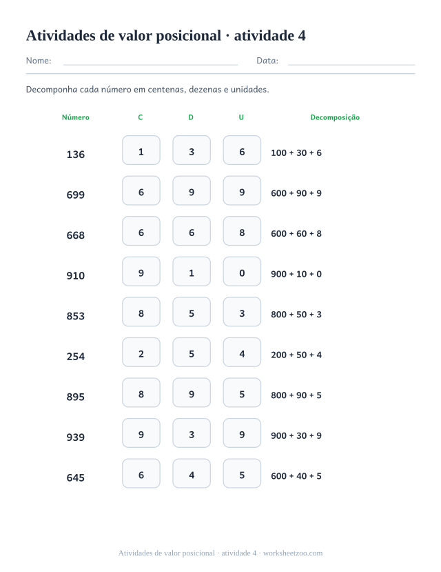 Prévia de Atividades de valor posicional, atividade 4 para imprimir