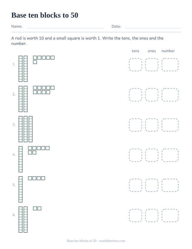 Base ten blocks place value worksheet with rods and unit squares to 50