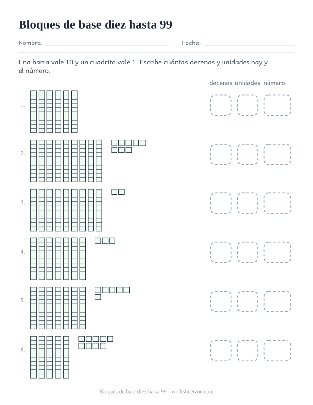 Ficha de bloques de base diez con hasta nueve barras, valor posicional hasta 99